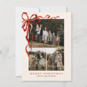 Budget Elegante Rode Boog Kerst Vier Foto Feestdagenkaart (Voorkant)