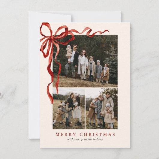 Budget Elegante Rode Boog Kerst Vier Foto Feestdagenkaart (Voorkant)