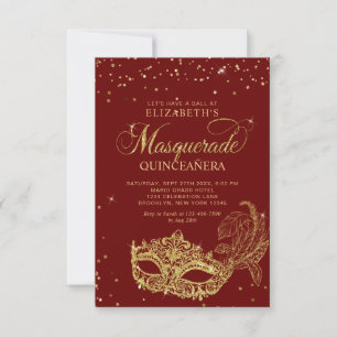 BUDGET Elegante rode gouden maskerade Quinceañera Notitiekaartje