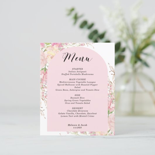 Budget Elegante Roze Bloemboog Menu Kaart (Staand voorkant)