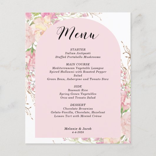 Budget Elegante Roze Bloemboog Menu Kaart (Voorkant)