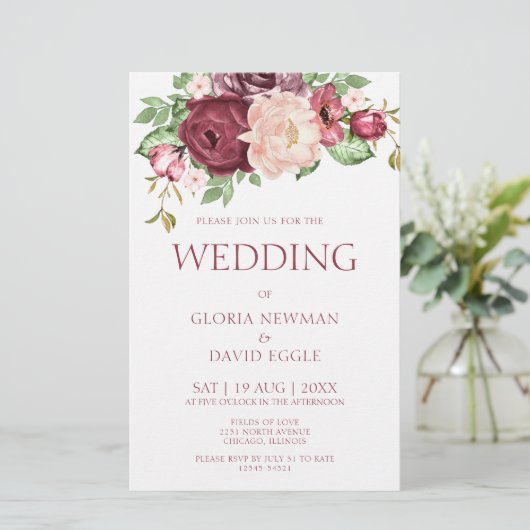 Budget Elegante Roze Marsala Bruiloft Uitnodiging (Staand voorkant)