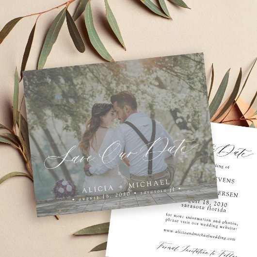 Budget elegante script foto trouwkaart save the da