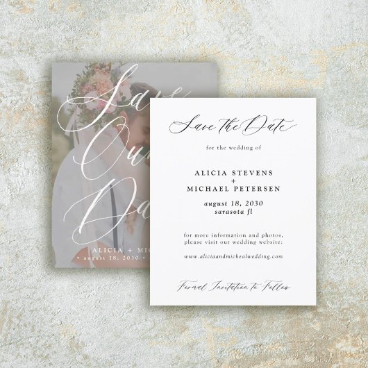 Budget elegante script foto trouwkaart save the da