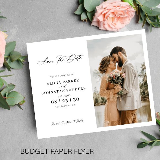 Budget elegante script foto trouwkaart save the da flyer