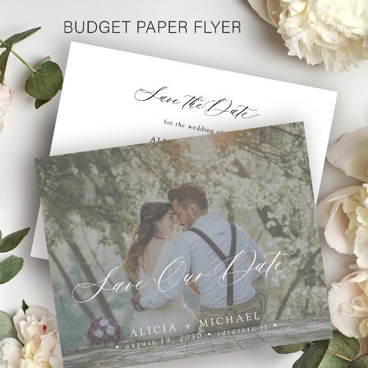 Budget elegante script foto trouwkaart save the da flyer