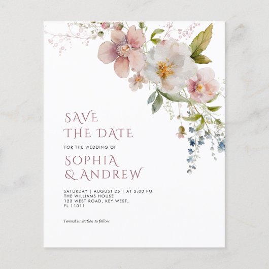Budget Elegante Wildbloemen Bruiloft Save the Date (Voorkant)
