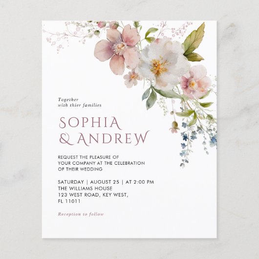 Budget Elegante Wildbloemen bruiloft uitnodiging (Voorkant)