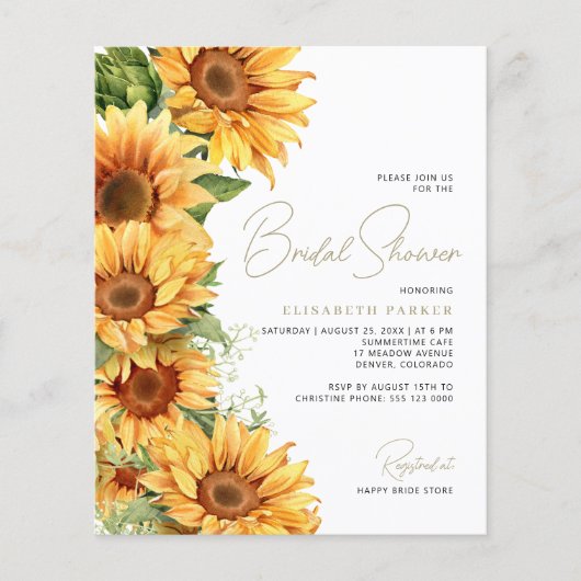 Budget elegante zonnebloem bruids douche uitnodigi flyer (Voorkant)