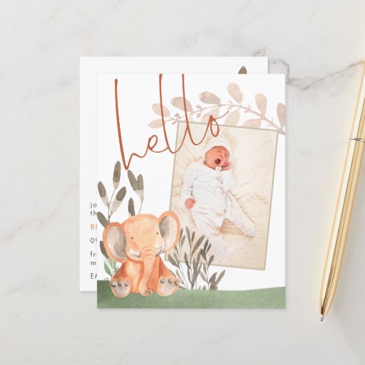 Budget Elephant Baby Foto geboortedatum bekendmaki (Voorkant / Achterkant in situ)