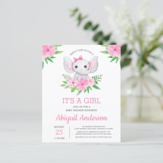 BUDGET Elephant Baby shower Girly Invitation (Staand voorkant)