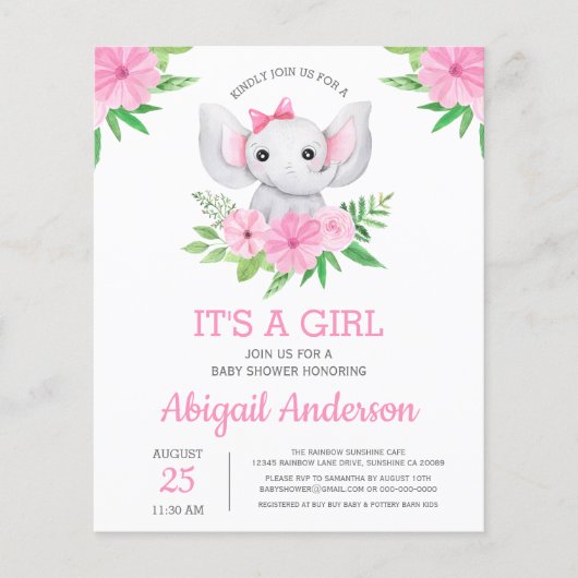 BUDGET Elephant Baby shower Girly Invitation (Voorkant)