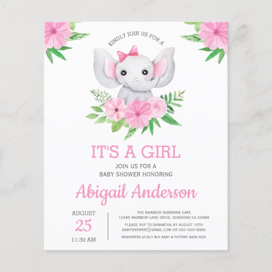 BUDGET Elephant Baby shower Girly Invitation Flyer (Voorkant)