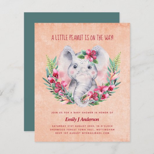 BUDGET Elephant Baby shower Invite Safari (Voorkant / Achterkant)