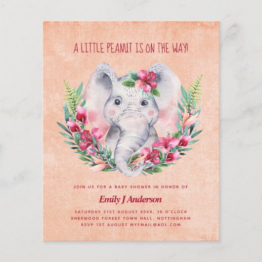 BUDGET Elephant Baby shower Invite Safari (Voorkant)