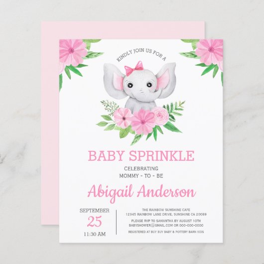 BUDGET Elephant Baby Sprinkle Floral Invitation (Voorkant / Achterkant)