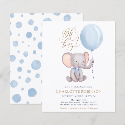 Budget Elephant Balloon Boy Baby shower Invitation (Voorkant / Achterkant)
