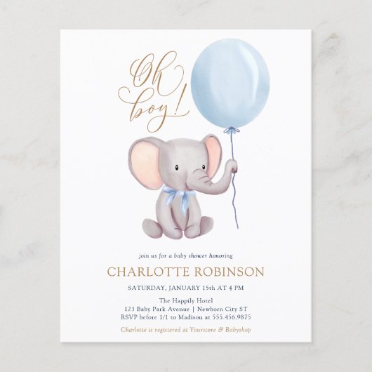 Budget Elephant Balloon Boy Baby shower Invitation (Voorkant)