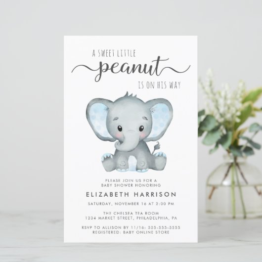 Budget Elephant Blue Baby shower Invitation (Staand voorkant)