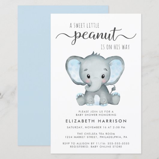 Budget Elephant Blue Baby shower Invitation (Voorkant / Achterkant)