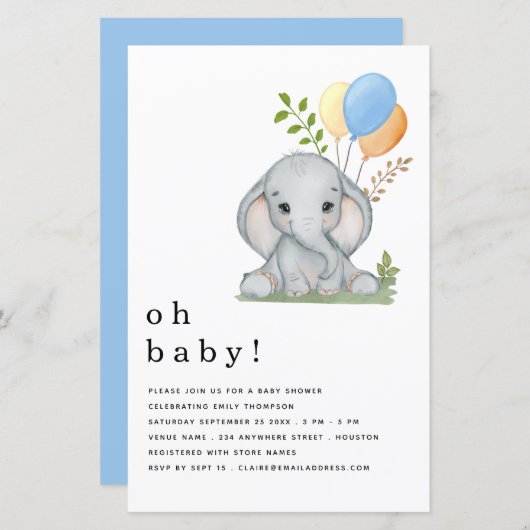 Budget Elephant Blue Boy Baby shower Uitnodiging (Voorkant / Achterkant)