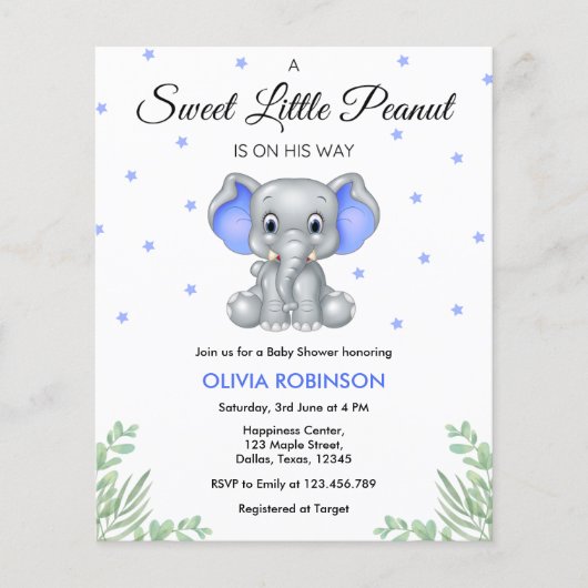 Budget Elephant Blue Boy Baby shower Uitnodiging Flyer (Voorkant)