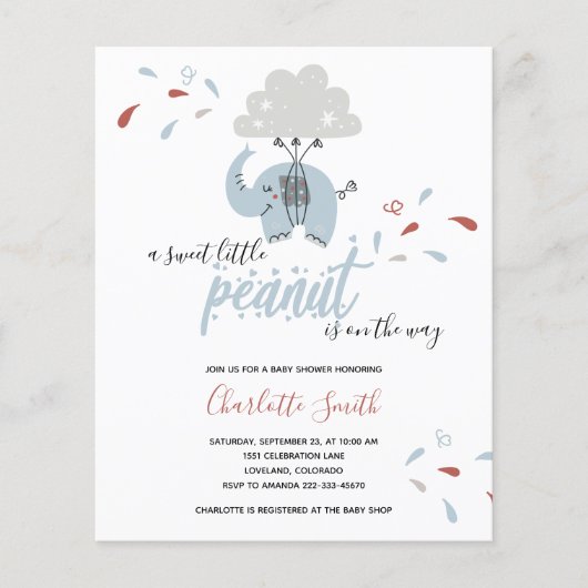 Budget Elephant Blue Boy's Baby shower Invitation (Voorkant)