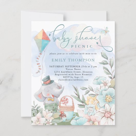 Budget Elephant Boy Baby shower Picnic Invite (Voorkant)
