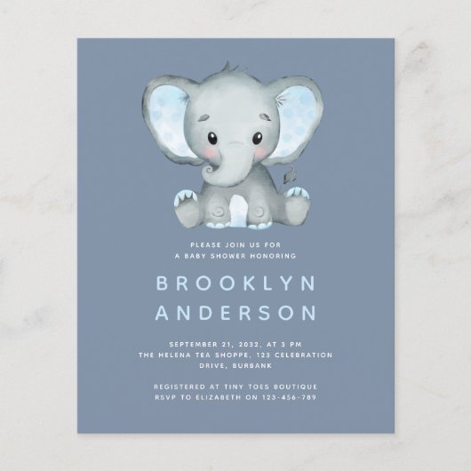 BUDGET Elephant Boy Baby shower Uitnodiging (Voorkant)