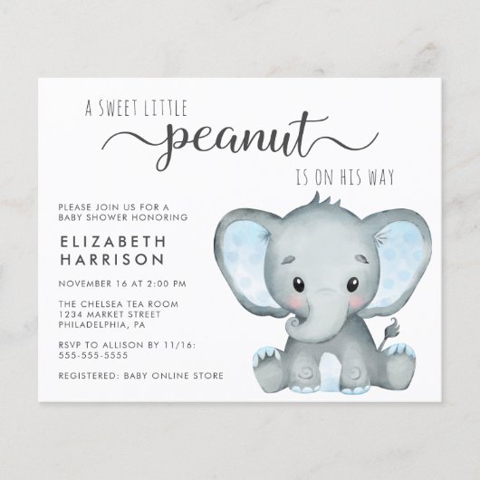 Budget Elephant Boy Baby shower Uitnodiging (Voorkant)