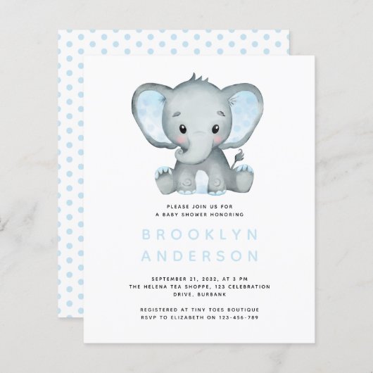 BUDGET Elephant Boy Baby shower Uitnodiging (Voorkant / Achterkant)