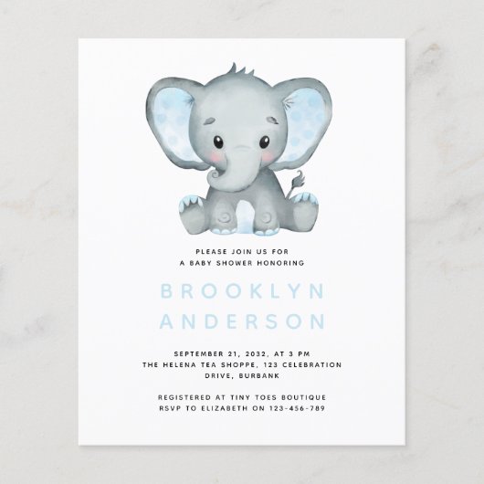 BUDGET Elephant Boy Baby shower Uitnodiging (Voorkant)