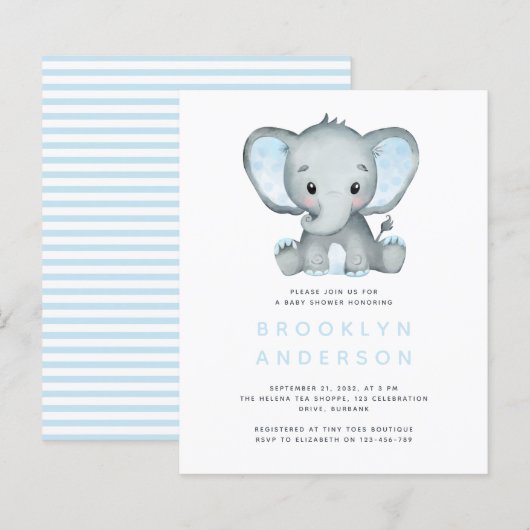 BUDGET Elephant Boy Baby shower Uitnodiging (Voorkant / Achterkant)