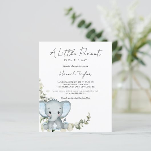 Budget Elephant Boy Baby shower Uitnodiging (Staand voorkant)