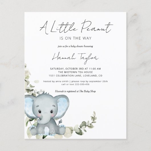 Budget Elephant Boy Baby shower Uitnodiging (Voorkant)