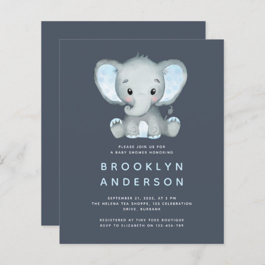 BUDGET Elephant Boy Baby shower Uitnodiging (Voorkant / Achterkant)