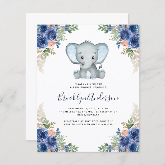 BUDGET Elephant Boy Baby shower Uitnodiging (Voorkant / Achterkant)