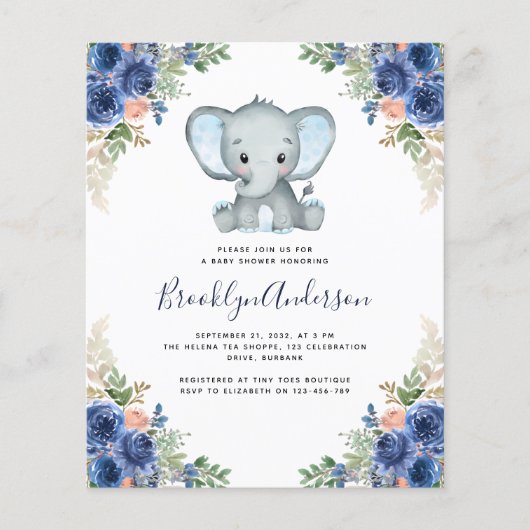 BUDGET Elephant Boy Baby shower Uitnodiging (Voorkant)