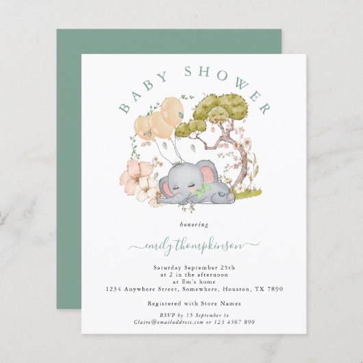 Budget Elephant Boy Sage Baby shower Uitnodiging (Voorkant / Achterkant)