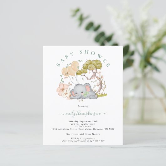 Budget Elephant Boy Sage Baby shower Uitnodiging (Staand voorkant)