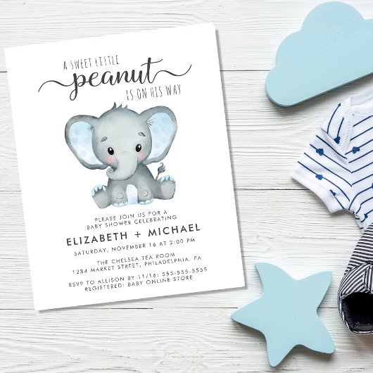 Budget Elephant Couples Baby Boy Shower Uitnodigin