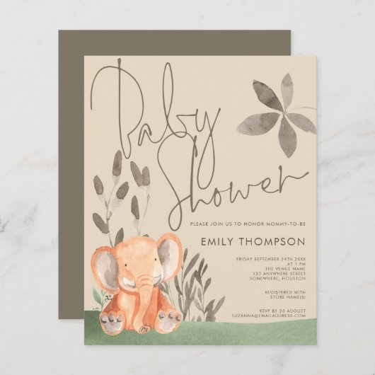 Budget Elephant Cream Baby shower Uitnodiging (Voorkant / Achterkant)