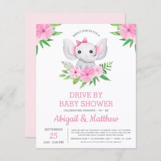 BUDGET Elephant drive by Baby shower nodiging (Voorkant / Achterkant)