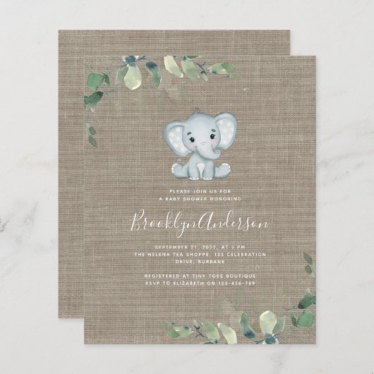 BUDGET Elephant Eucalyptus Baby shower Uitnodiging (Voorkant / Achterkant)
