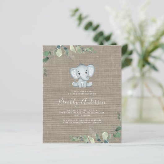 BUDGET Elephant Eucalyptus Baby shower Uitnodiging (Staand voorkant)