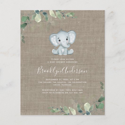 BUDGET Elephant Eucalyptus Baby shower Uitnodiging (Voorkant)