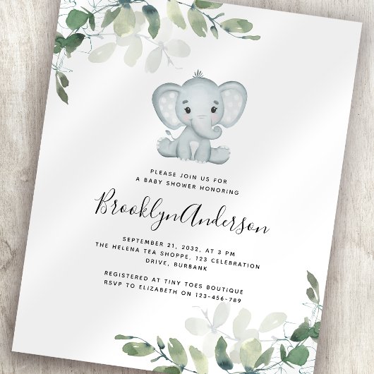 BUDGET Elephant Eucalyptus Baby shower Uitnodiging