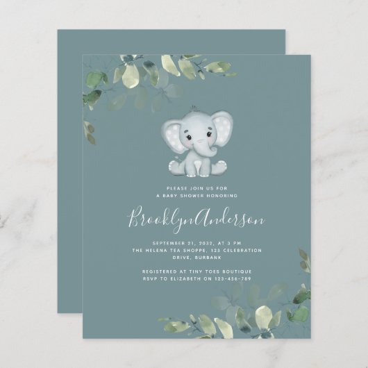 BUDGET Elephant Eucalyptus Baby shower Uitnodiging (Voorkant / Achterkant)