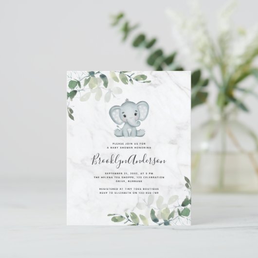 BUDGET Elephant Eucalyptus Baby shower Uitnodiging (Staand voorkant)