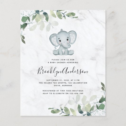 BUDGET Elephant Eucalyptus Baby shower Uitnodiging (Voorkant)